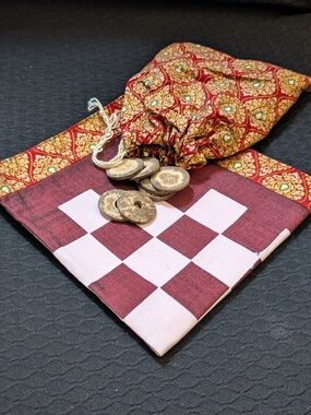 Handmade Khmer Checkers Drawstring Game Bag Sewn Screenprinted Maroon And Gold